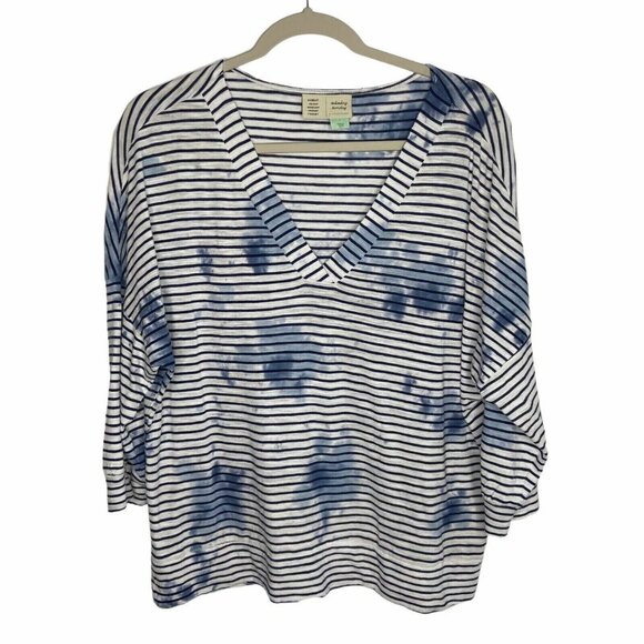 Saturday Sunday Top Size Small Blue White Tie dye With Stripes V-Neck - Picture 2 of 11